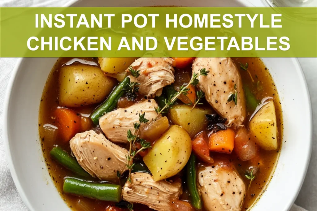 INSTANT POT HOMESTYLE CHICKEN AND VEGETABLES comforting stew in a warm inviting overhead hero photo