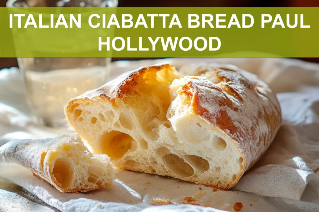 ITALIAN CIABATTA BREAD PAUL HOLLYWOOD rustic torn loaf on white napkin with glass of water