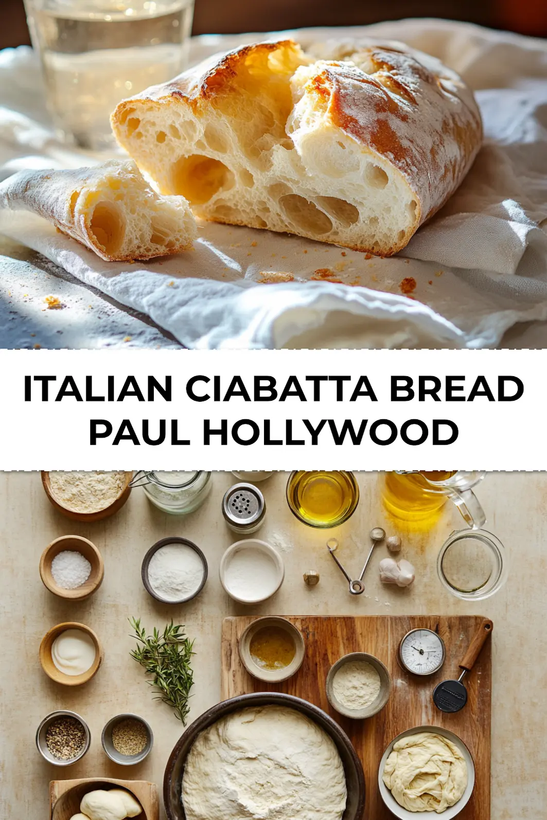 Italian ciabatta bread Paul Hollywood style sliced open showing airy crumb with rustic presentation on white napkin