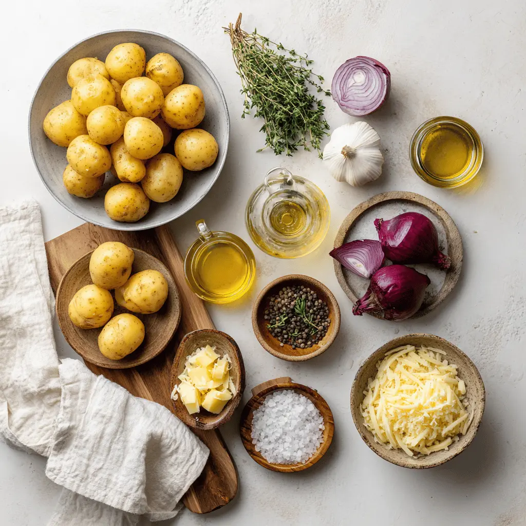 Ingredients for air fryer baby potatoes including golden potatoes, olive oil, herbs, and seasonings on a white napkin beside a water glass