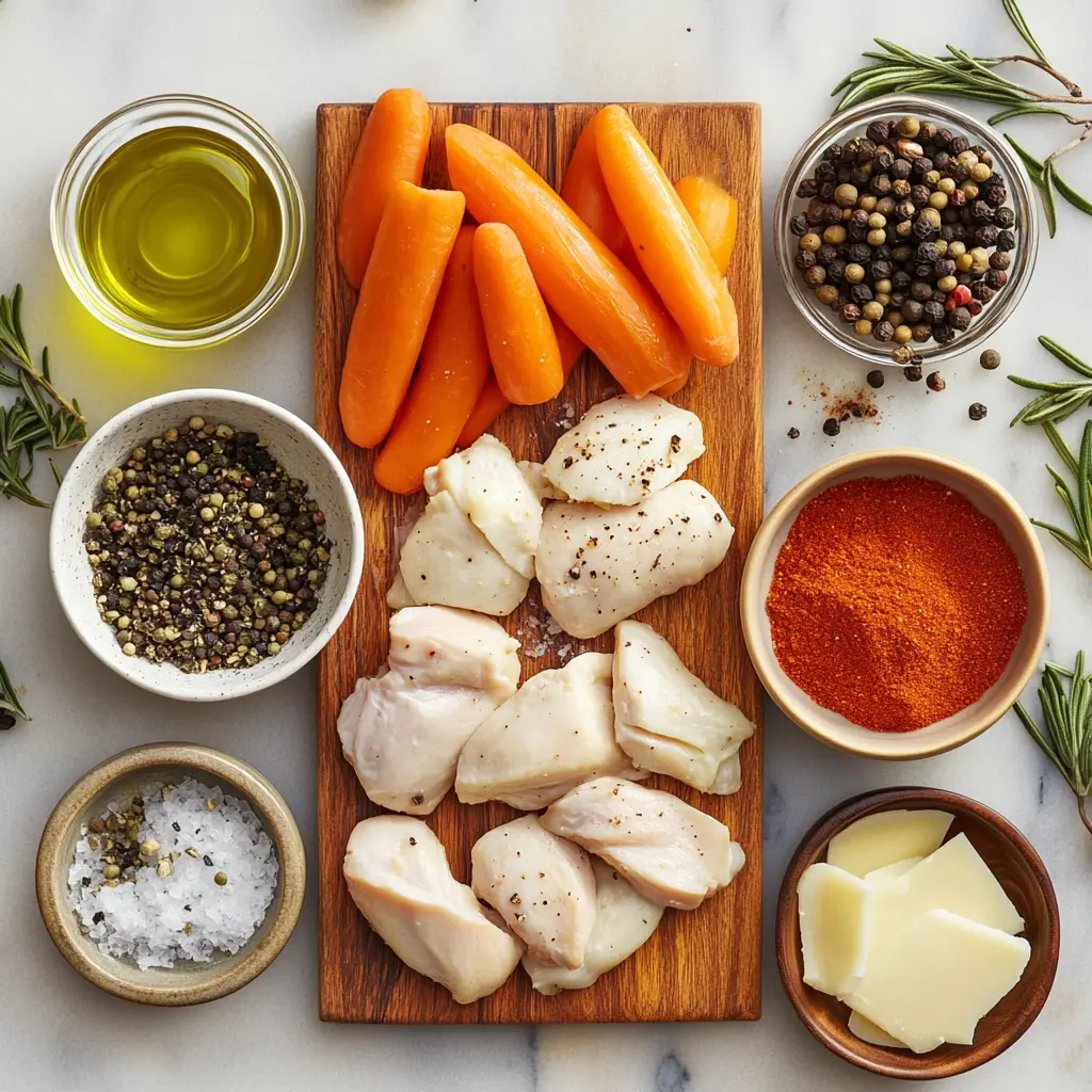 Preparation of AIR FRYER BONELESS CHICKEN BITES with raw chicken, spices, and olive oil displayed on a wooden table