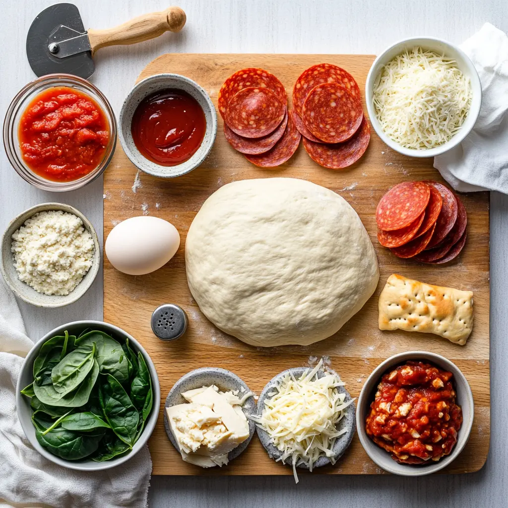 Air fryer calzones ingredients laid out: pizza dough, cheeses, meat, sauce, seasonings