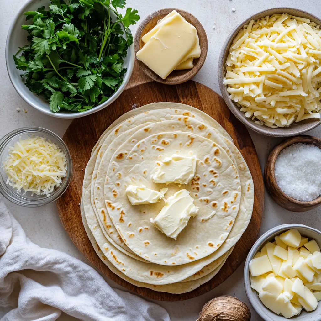 Ingredients for Air Fryer Cheesy Tortilla Garlic Bread including golden melted cheese and fresh herbs