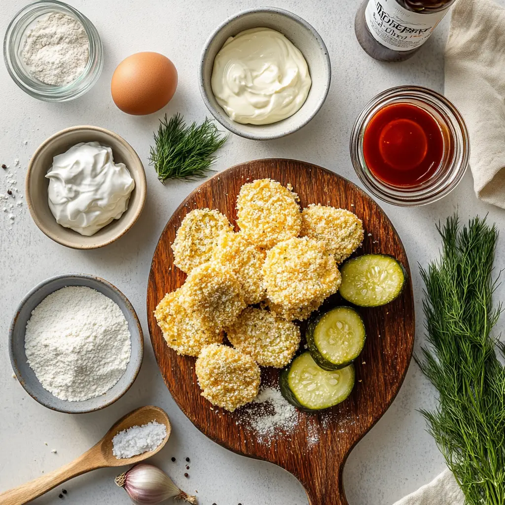 Ingredients for air fryer fried pickles including dill pickle chips, panko breadcrumbs, eggs, and seasonings on a wooden table