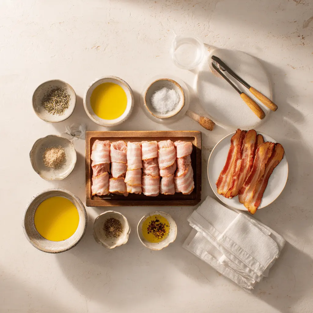 Ingredients on a counter for Air Fryer Bacon Wrapped Pork Medallions including pork tenderloin, bacon, and spices