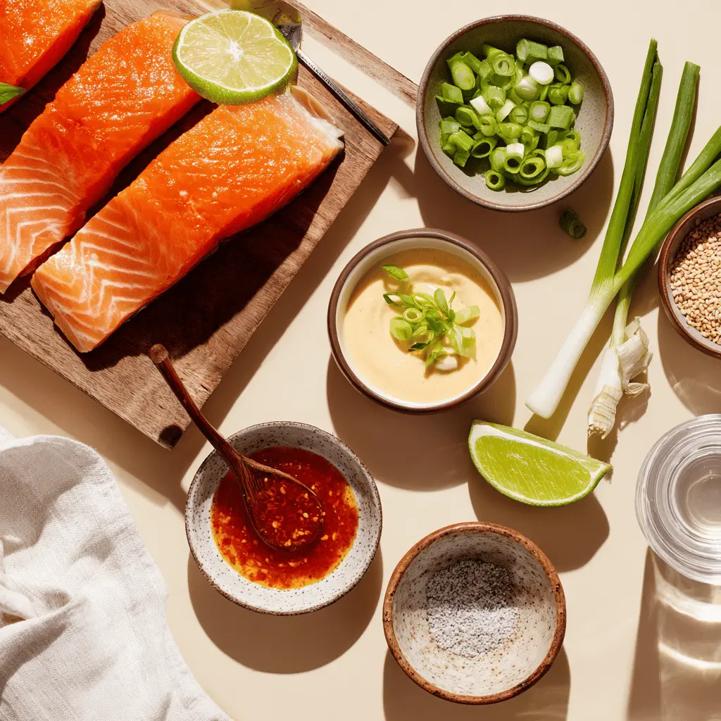 Ingredients displayed for Air Fryer Bang Bang Salmon including fresh salmon fillets, chili sauce, lime, and green onions