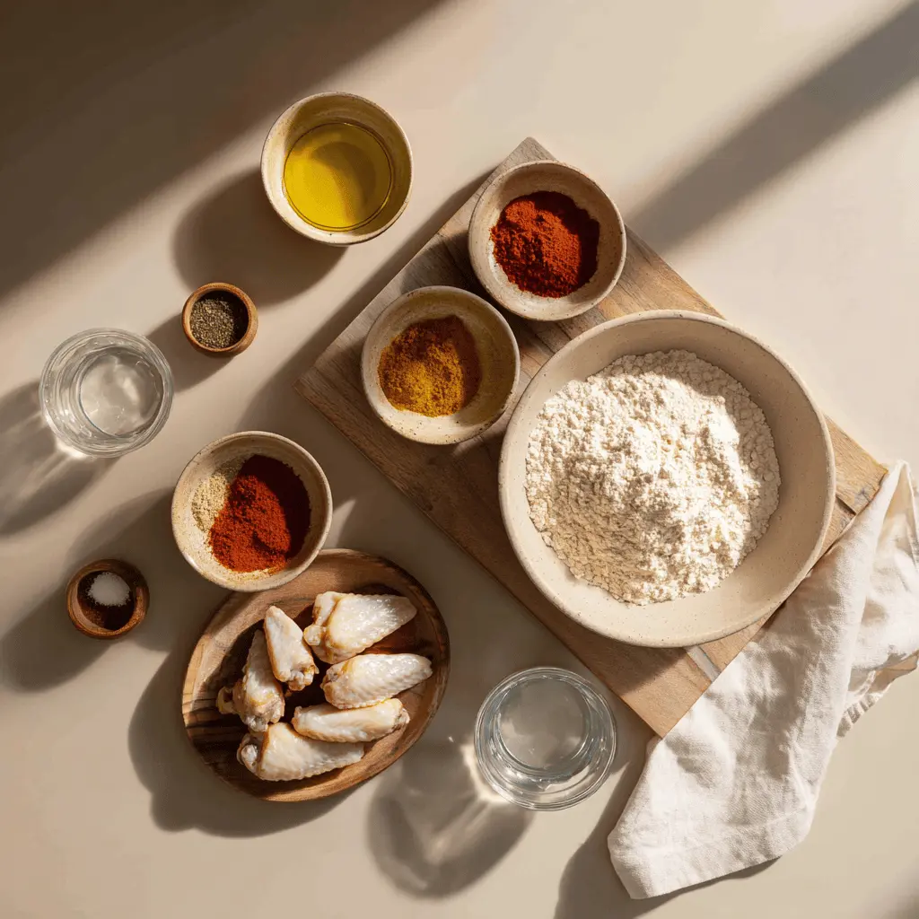 Ingredients for Air Fryer Breaded Chicken Wings including drumettes, seasonings, flour, and oil