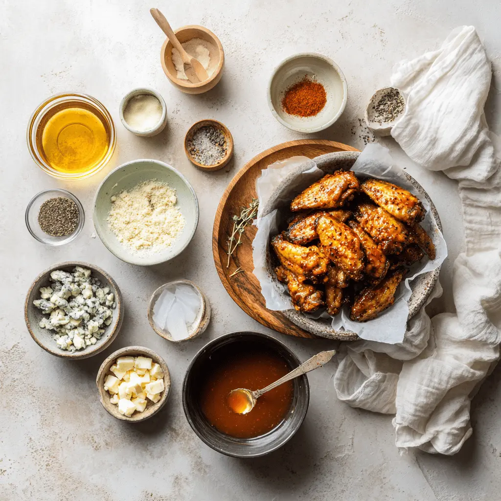 Ingredients displayed for air fryer Buffalo chicken wings including fresh wings, spices, Frank’s hot sauce, and butter