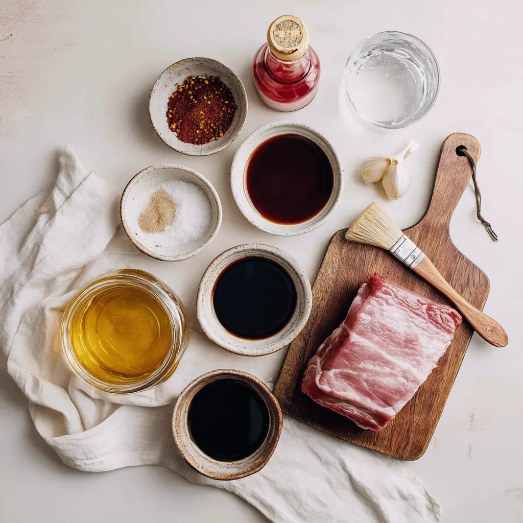 Char Siu Pork ingredients arranged before cooking, including hoisin, five spice, and pork shoulder