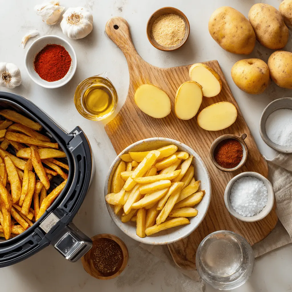 Air fryer french fries ingredients including russet potatoes, olive oil, and spices