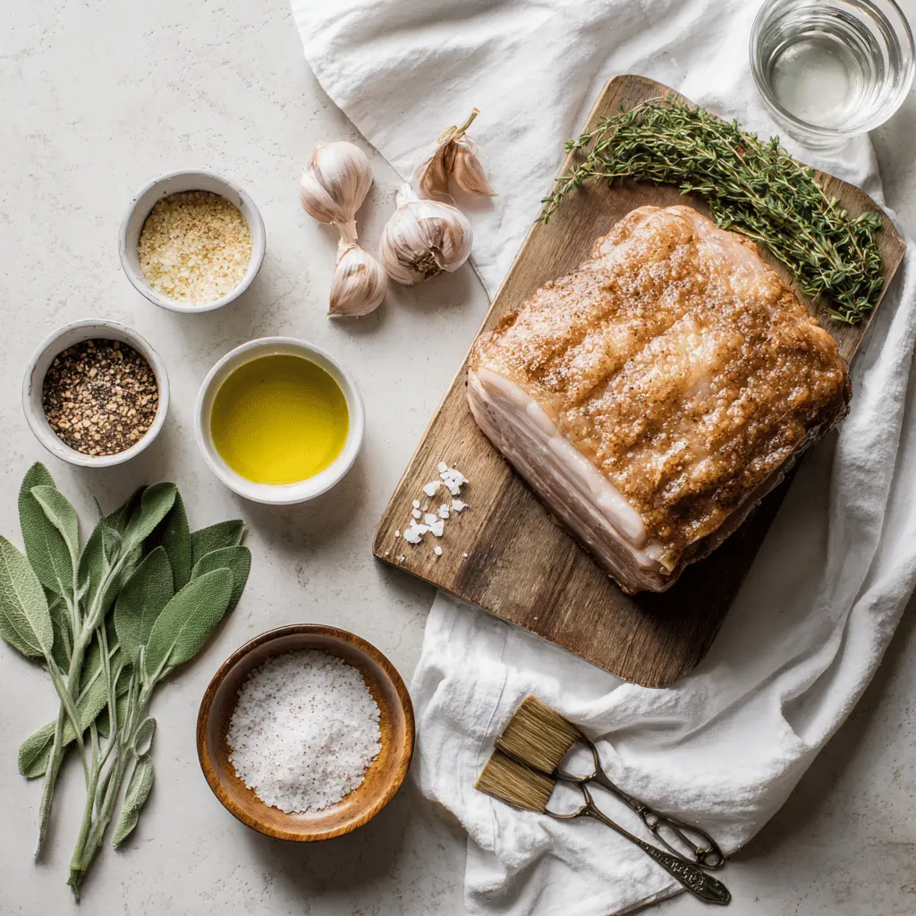 Ingredients for Air Fryer Pork Roast With Crackling including seasoned pork shoulder, spices, and olive oil