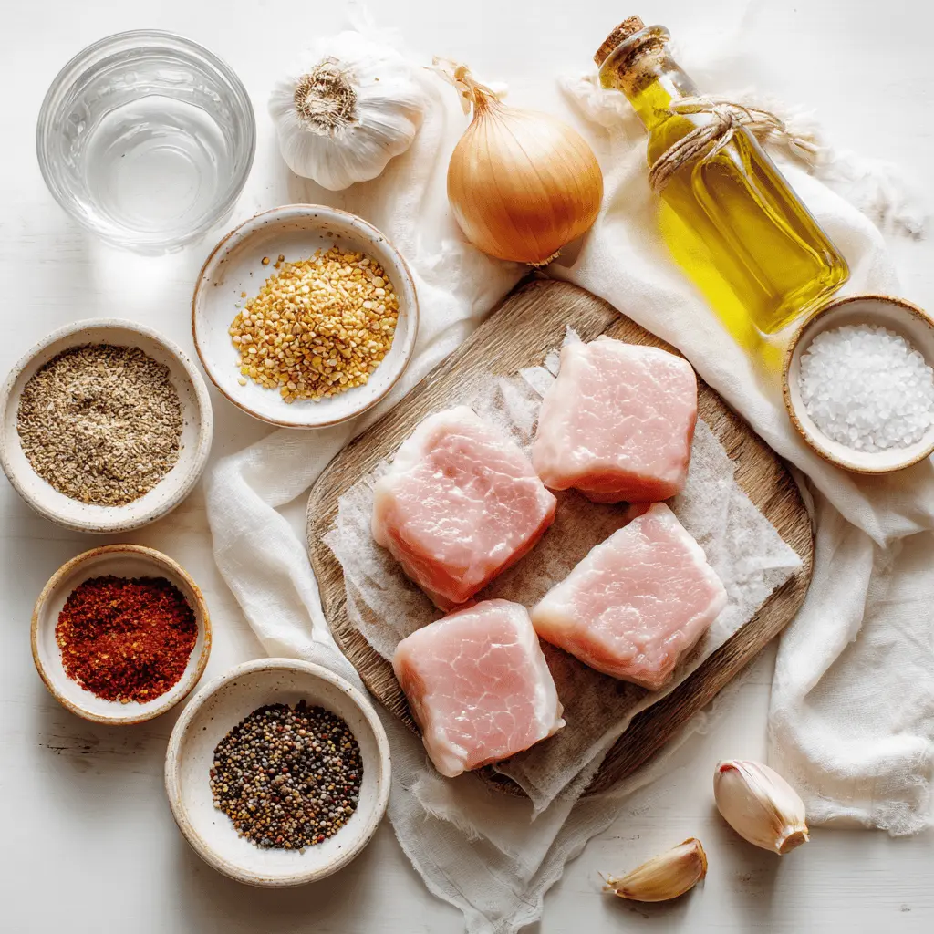 Raw ingredients for Air Fryer Pork Tenderloin Medallions including pork tenderloin, seasonings, and olive oil on a cutting board