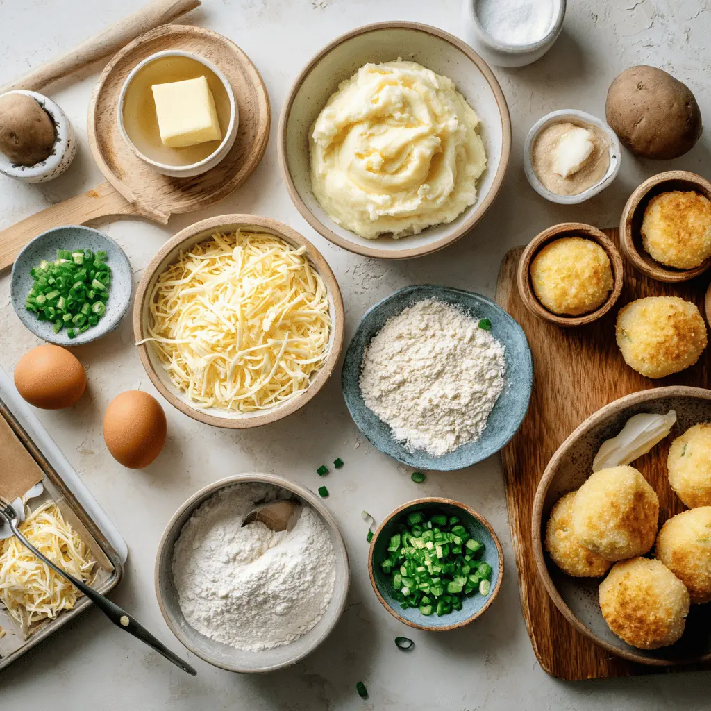 Ingredients for Air Fryer Potato Croquettes including mashed potatoes, shredded cheese, green onions, flour, and breadcrumbs