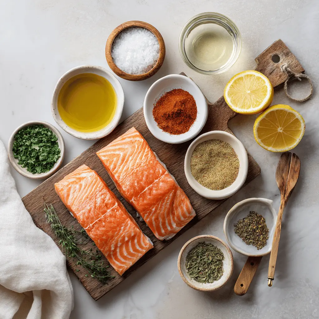 Ingredients for air fryer salmon including raw salmon fillets, olive oil, garlic powder, paprika, and fresh lemon