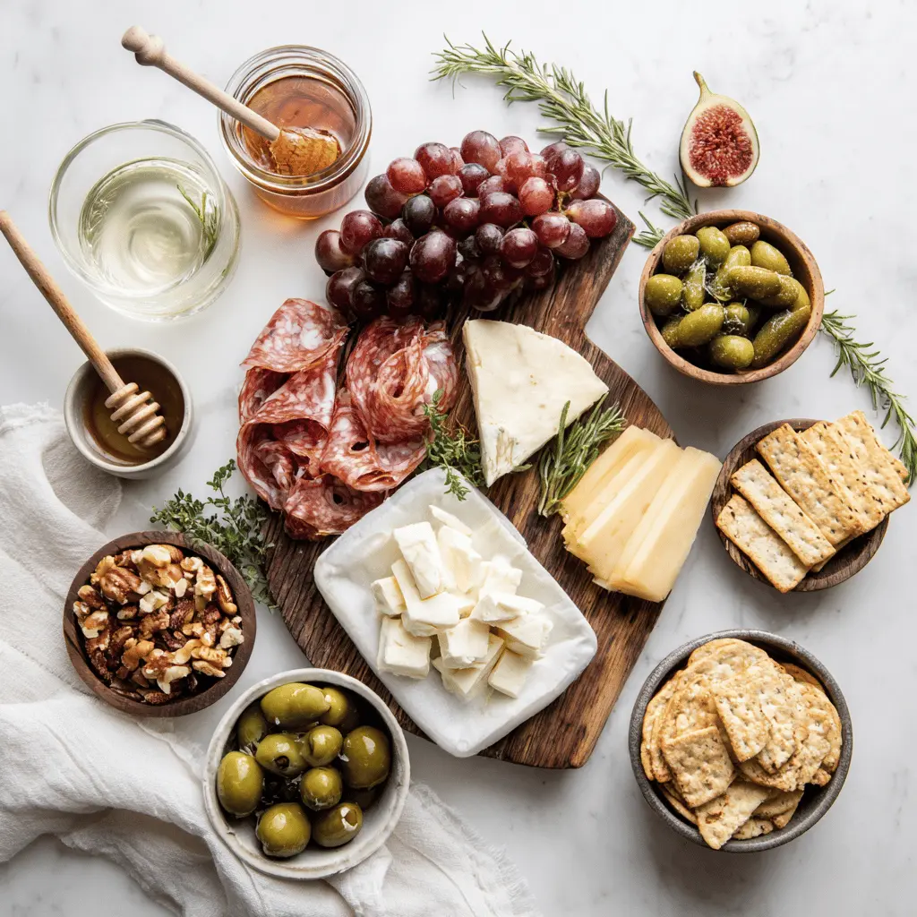Ingredients for Artisan Charcuterie Board Recipe including meats, cheeses, fruits, pickles, olives, honey and nuts