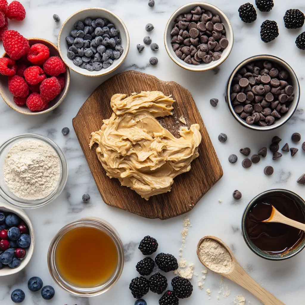 Baked Protein Pancake Bowl with berries, peanut butter, chocolate chips, and syrup served in white ceramic dish