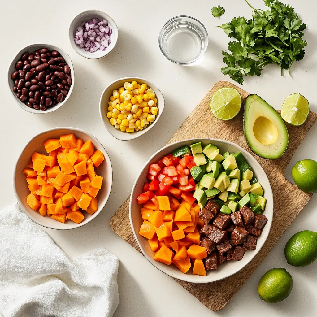 Ingredients for Beef and Sweet Potato Power Bowl including seared sirloin, roasted sweet potatoes, avocado, black beans, and corn