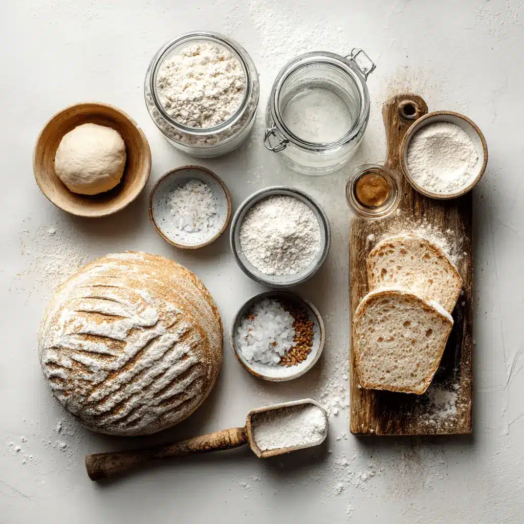Beginner's Sourdough Bread Recipe ingredients including starter, flour, salt, and water arranged on a white cloth