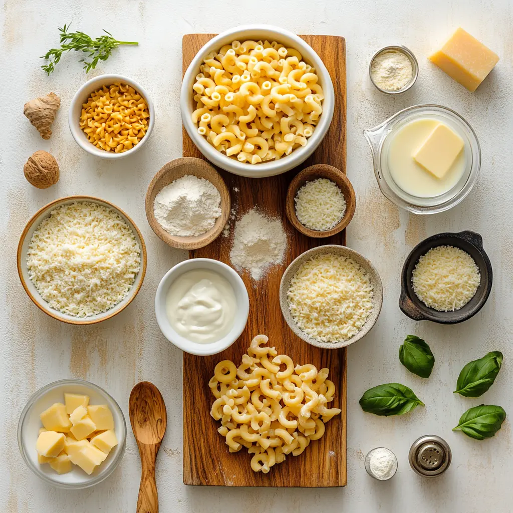 Ingredients for BEST Homemade Baked Mac and Cheese including elbow noodles, cheddar cheese, mozzarella, butter, flour, cream, and panko breadcrumbs