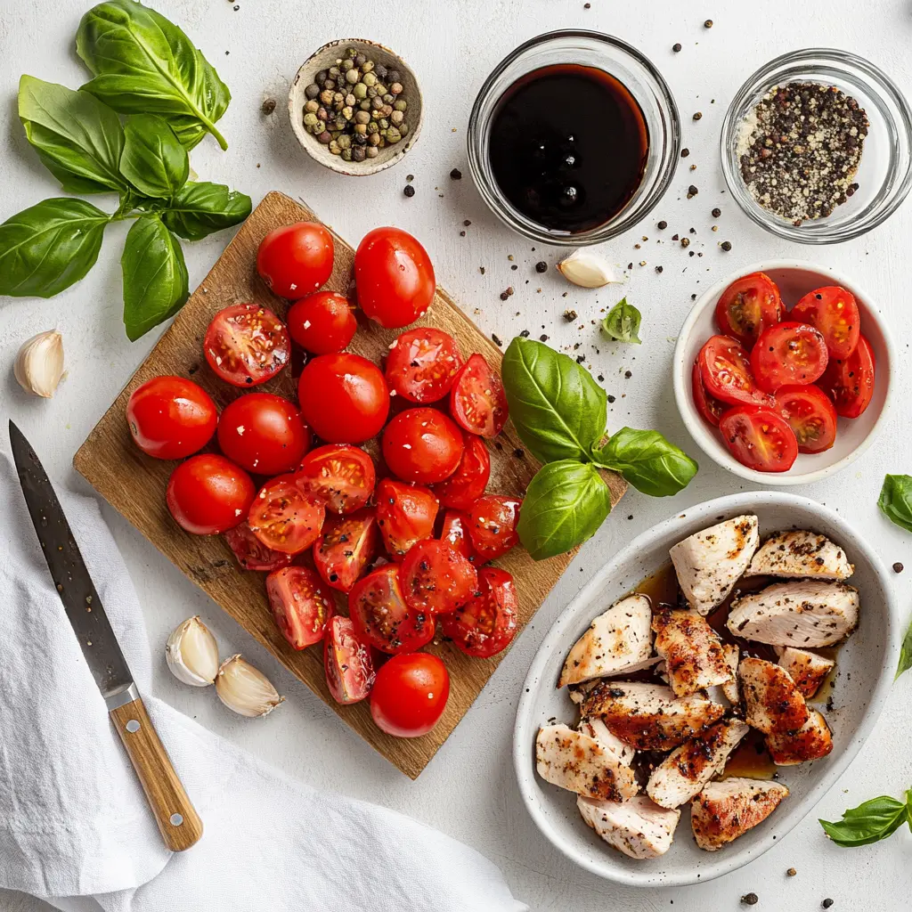 Fresh ingredients for bruschetta chicken including tomatoes, basil, garlic, and balsamic glaze arranged on a rustic cutting board