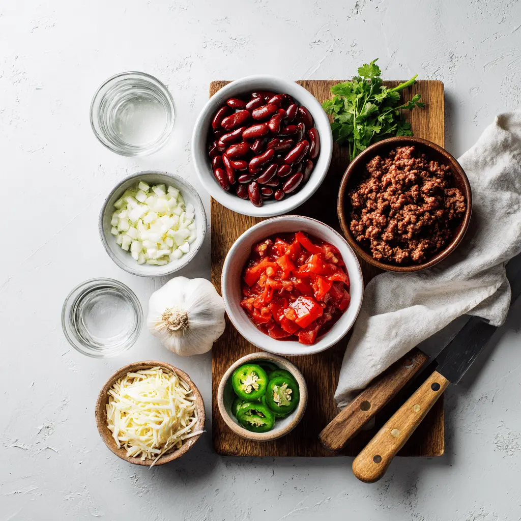 Ingredients for beef chili recipe including ground beef, diced tomatoes, kidney beans, onions, garlic, cumin, chili powder on white surface