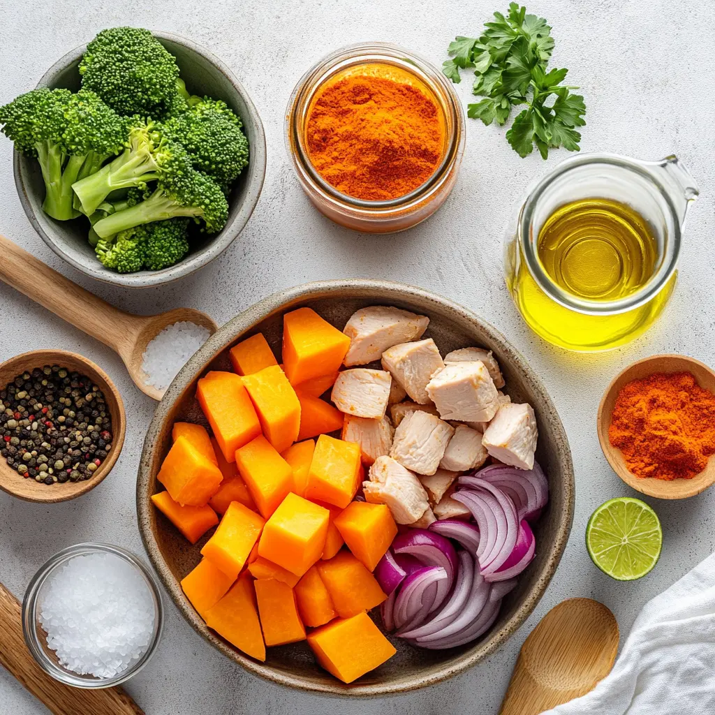 Ingredients for Cajun Chicken Sweet Potato Bowls featuring diced sweet potatoes, raw chicken breast, colorful bell peppers, broccoli, and seasonings on countertop