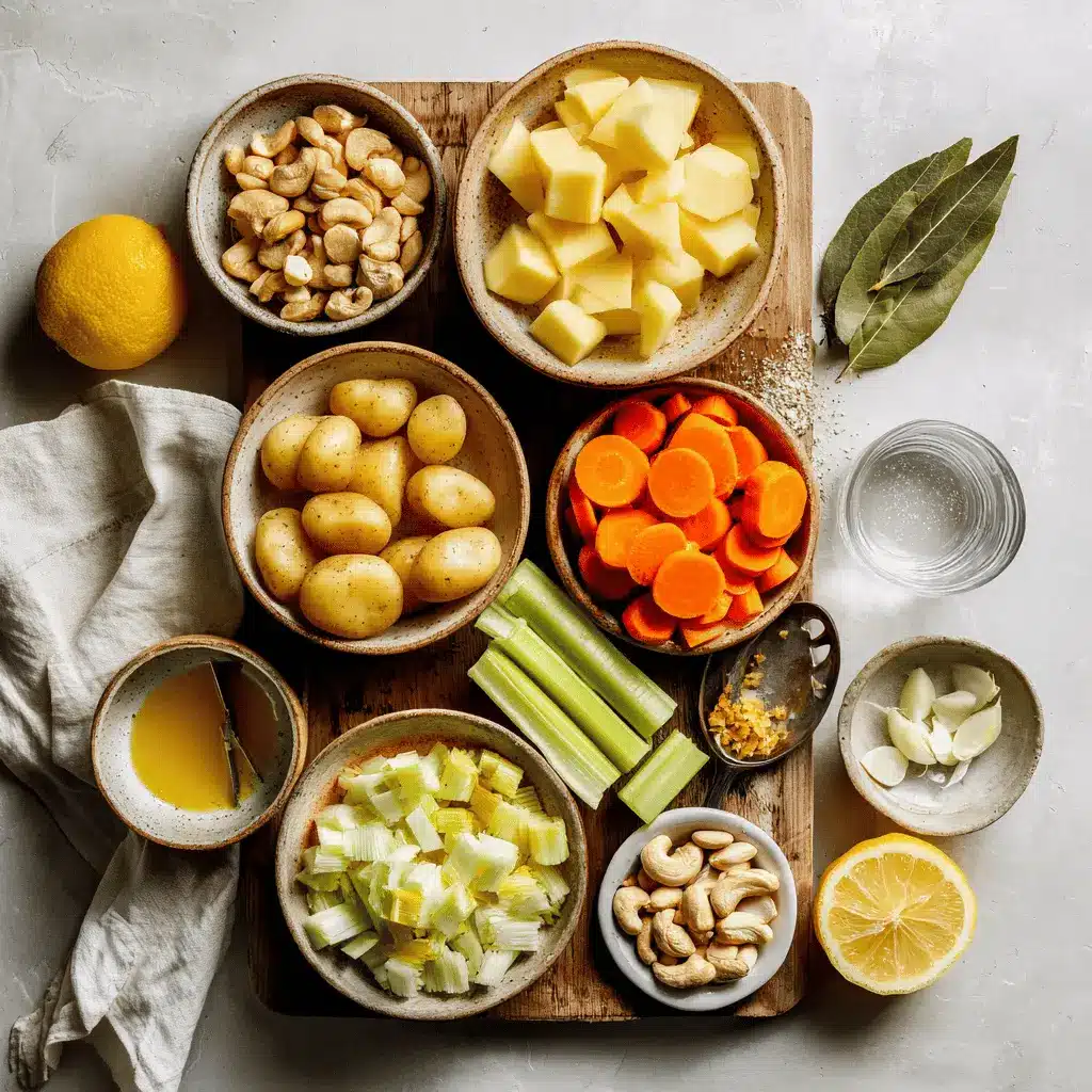 Ingredients laid out for Carrot Potato Soup including carrots, potatoes, celery, onion, garlic, cashews, and herbs on white surface