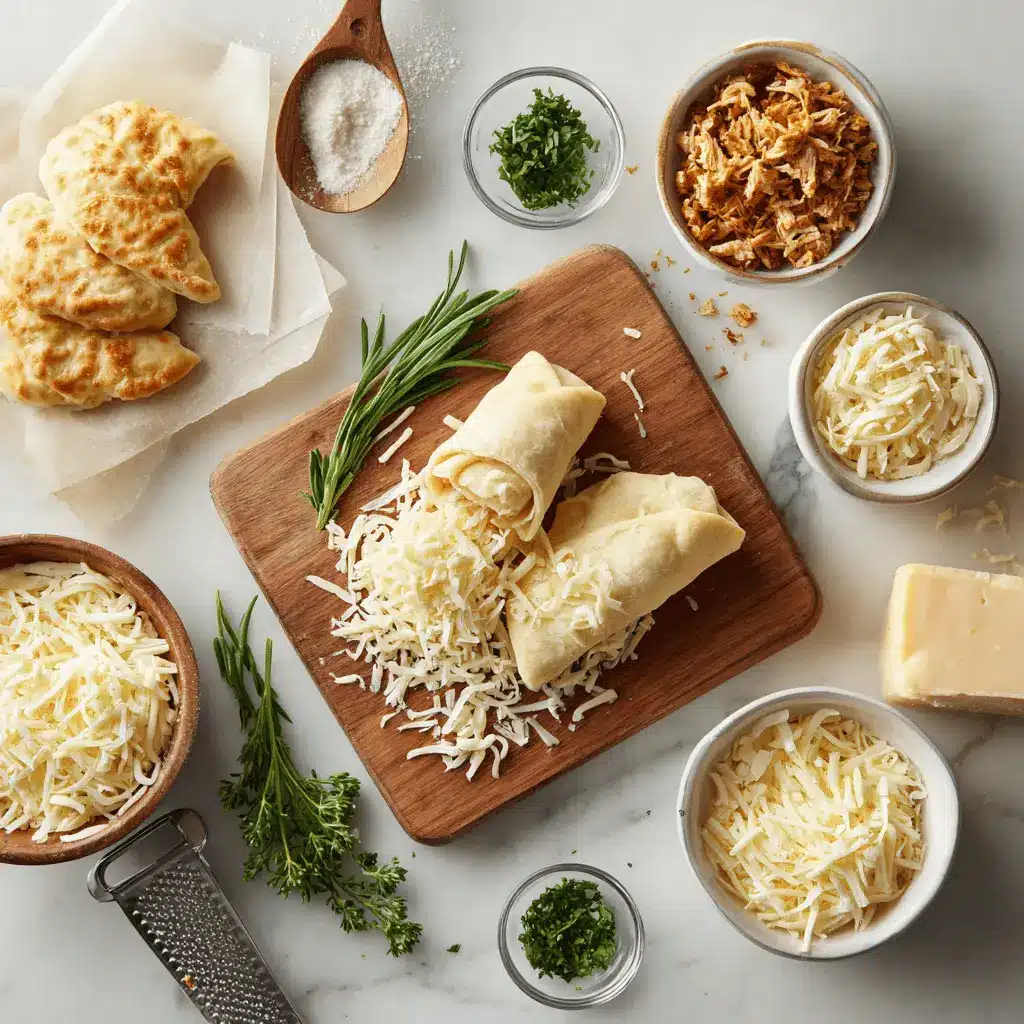 Ingredients for cheesy chicken crescent rolls including shredded chicken, cheddar cheese, cream cheese, and parsley on counter