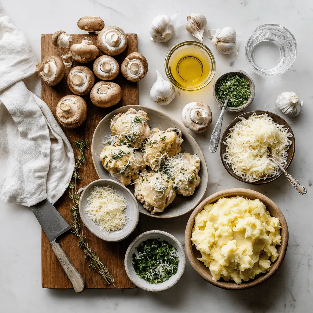 Ingredients for Cheesy Garlic Butter Mushroom Stuffed Chicken including mushrooms, garlic, Parmesan, butter, and chicken breasts