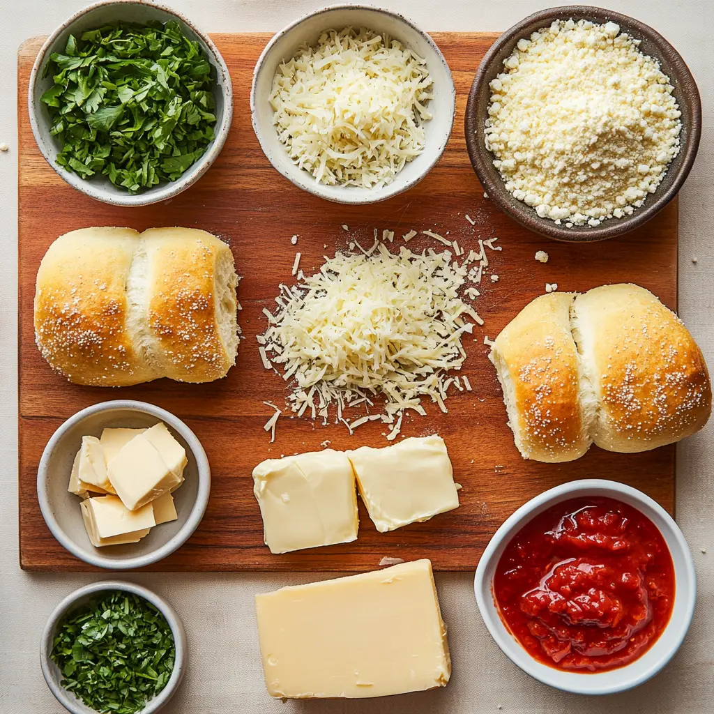 Ingredients for cheesy garlic monkey bread including frozen rolls, mozzarella, garlic, and butter