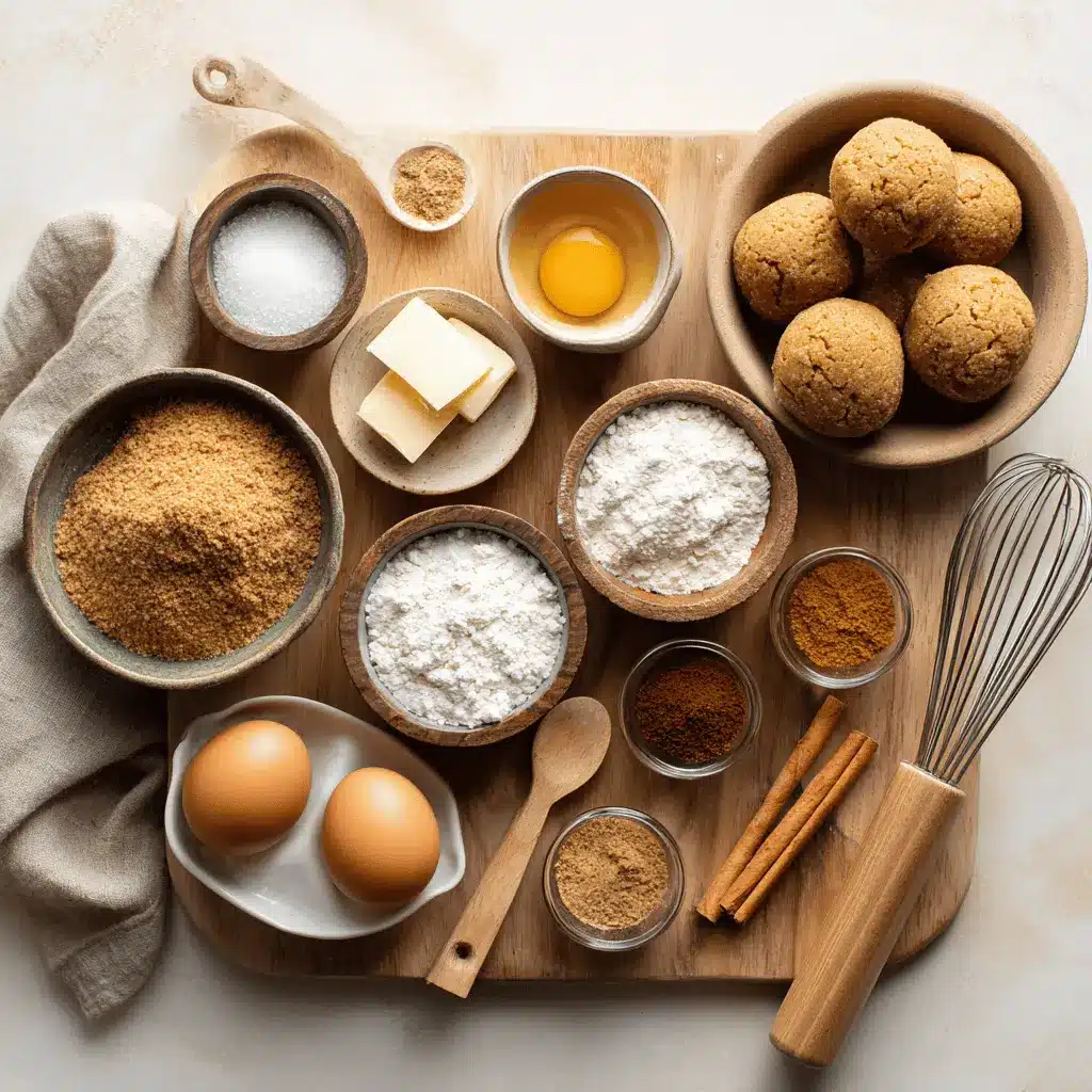 Ingredients for chewy pumpkin snickerdoodle cookies including pumpkin purée, butter, flour, cinnamon, and spices on counter