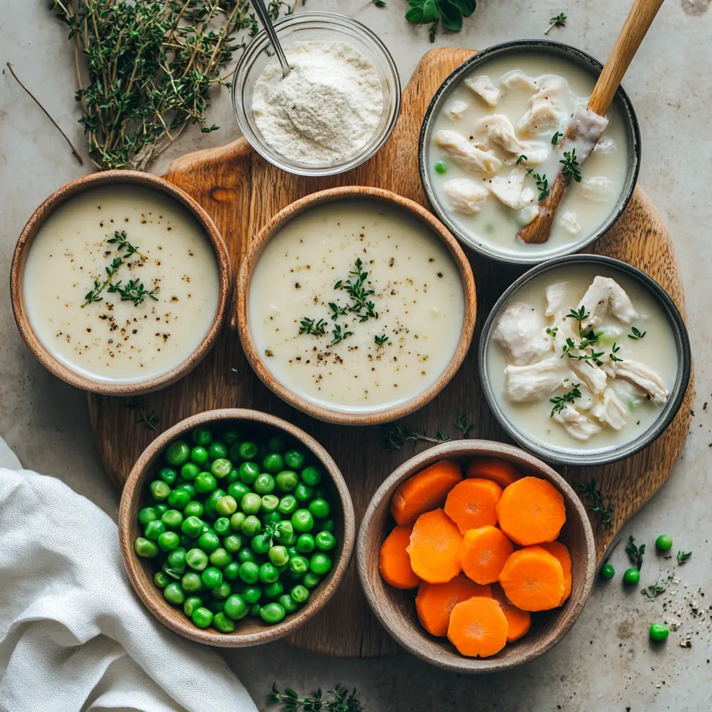 Chicken Pot Pie Soup Recipe ingredients: diced chicken, carrots, celery, peas, potatoes, broth, and herbs on a cutting board