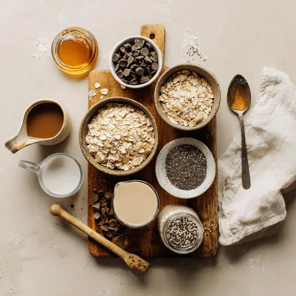 Ingredients for Chocolate Chip Overnight Oats including rolled oats, maple syrup, dairy-free milk, chia seeds, and chocolate chips in natural light