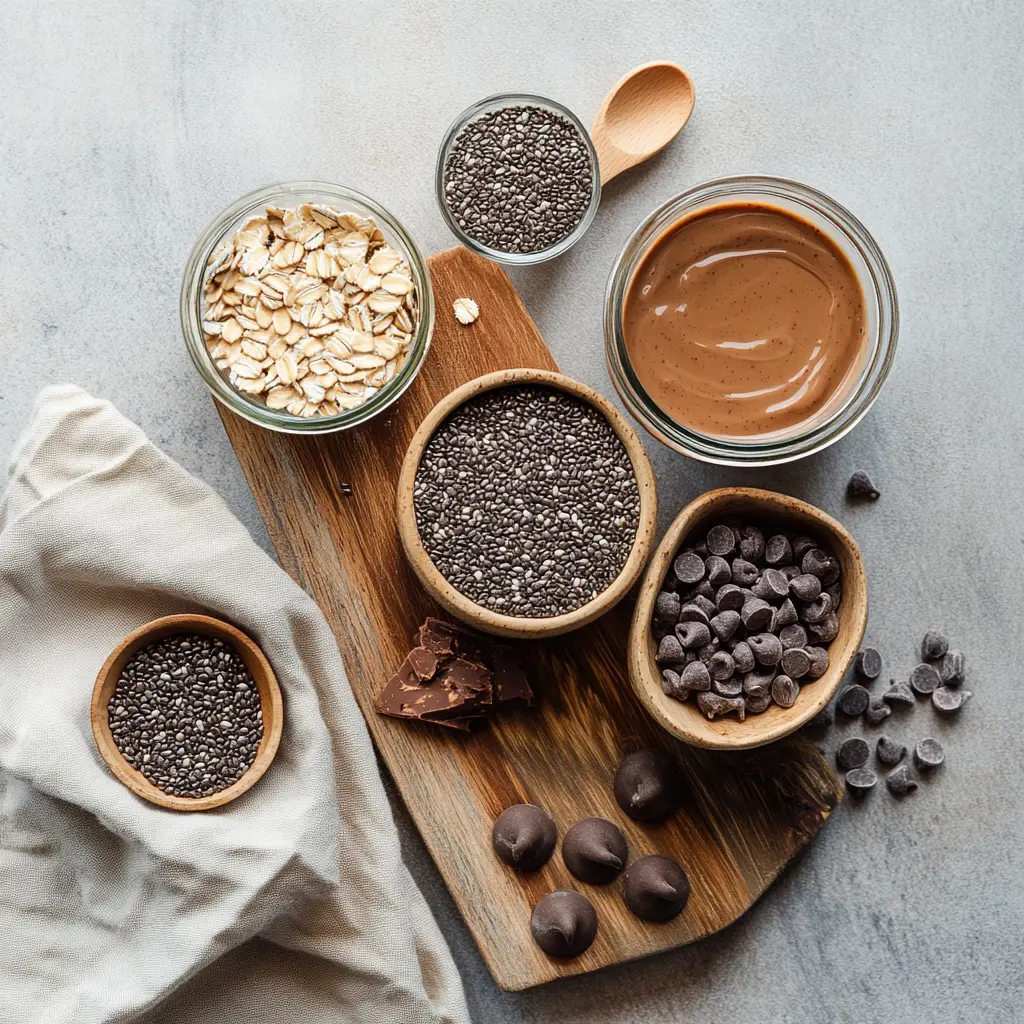 Ingredients for chocolate peanut butter protein overnight oats including oats, peanut butter, chocolate chips, and yogurt in jars