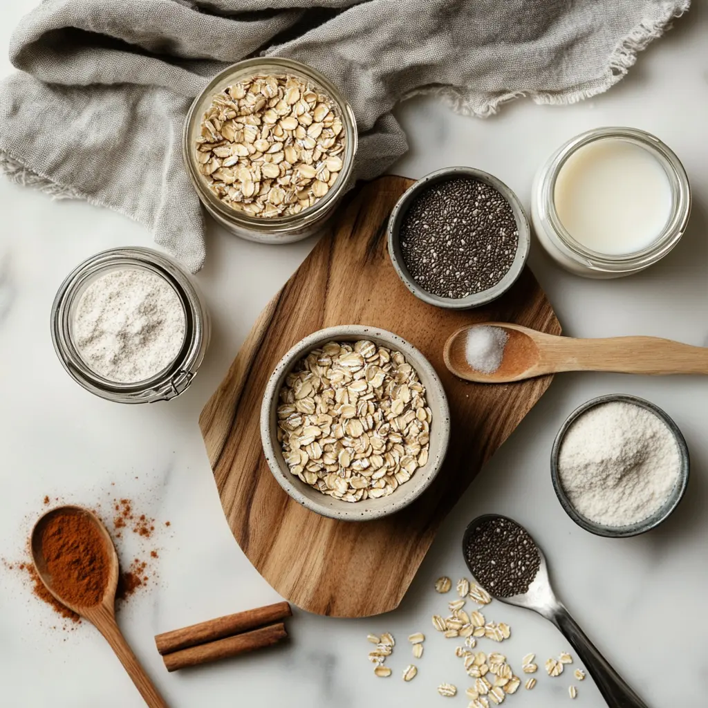 Cinnamon Roll Protein Overnight Oats: Simple and Delicious Recipe 2 Ingredients for cinnamon roll protein overnight oats including oats, cinnamon, chia seeds, protein powder, and milk in glass bowls