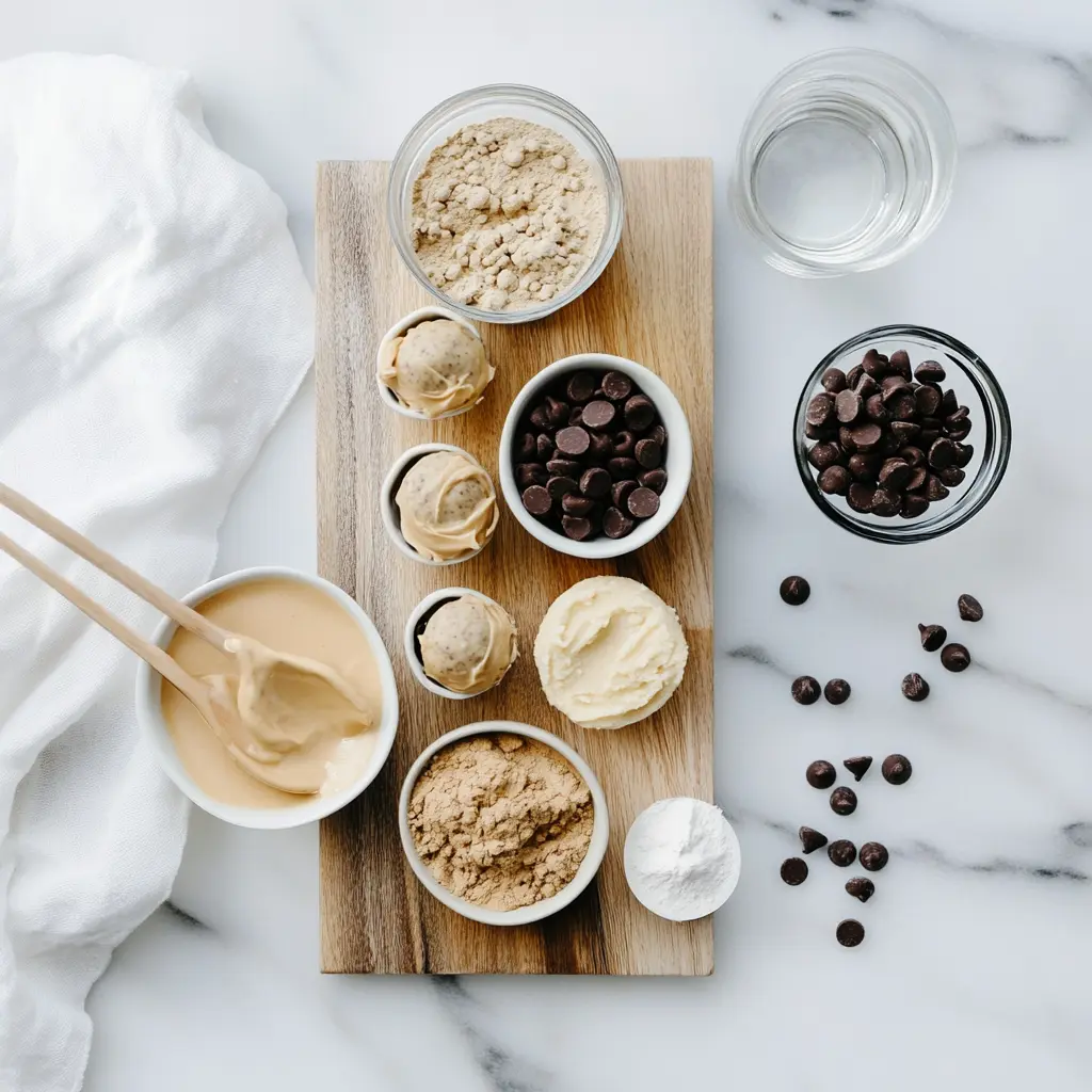 Ingredients for Cookie Dough Protein Balls displayed in bowls: vanilla protein powder, chocolate chips, peanut butter, maple syrup