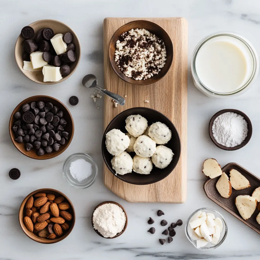 Ingredients laid out for making Cream Cheese Oreo Protein Balls including cream cheese, Oreos, protein powder, and milk