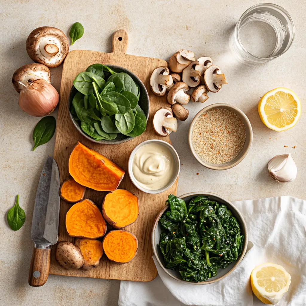 Overhead shot of ingredients for creamy mushroom and spinach stuffed sweet potatoes including raw sweet potatoes, baby spinach, sliced mushrooms, onion, garlic, tahini, lemon, and nutritional yeast