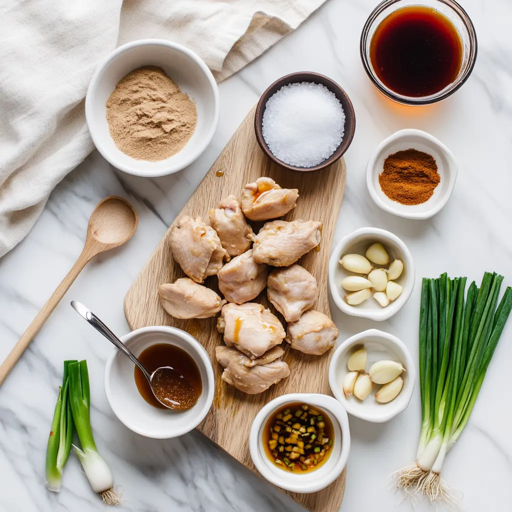 Ingredients for Crock Pot Bourbon Chicken Recipe: bourbon, garlic, soy sauce, chicken thighs, brown sugar