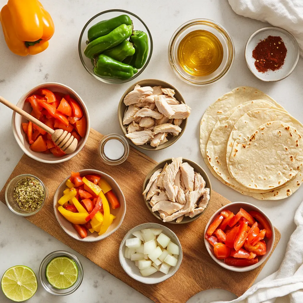 Fresh ingredients for Crockpot Chicken Fajita including sliced bell peppers, seasoned raw chicken breasts, taco spices, onion, and lime