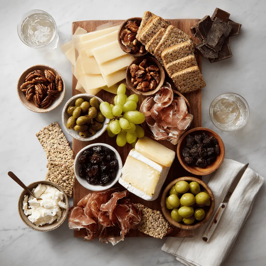 Overhead view of charcuterie board with brie, prosciutto, grapes, figs, and artisan crackers on rustic table setting