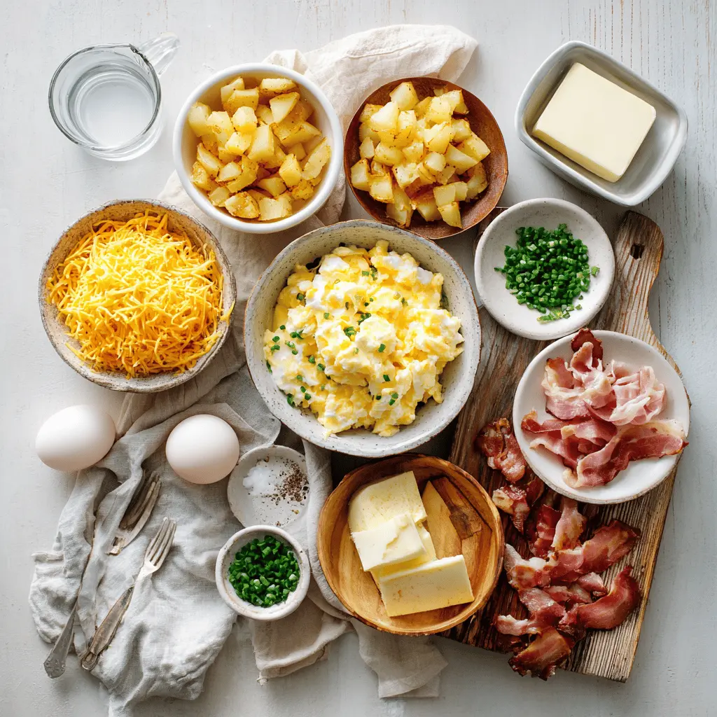 Ingredients for Cheesy Potato Egg Scramble including diced potatoes, eggs, shredded cheddar cheese, milk, and optional bacon pieces