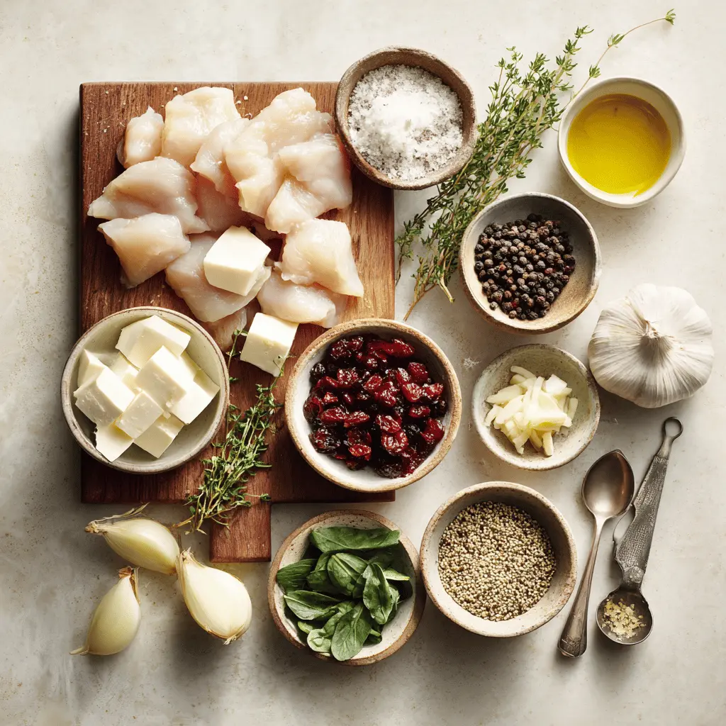 Overhead view of ingredients for cranberry and brie stuffed chicken including spinach, dried cranberries, brie, and raw chicken breasts