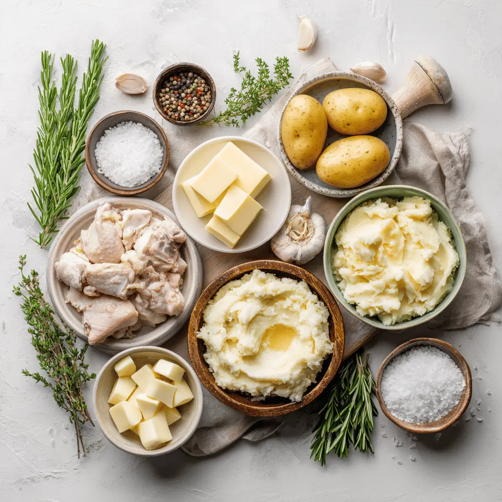 Ingredients for creamy garlic chicken mash recipe including potatoes, garlic, cream, chicken, and herbs in a flatlay format