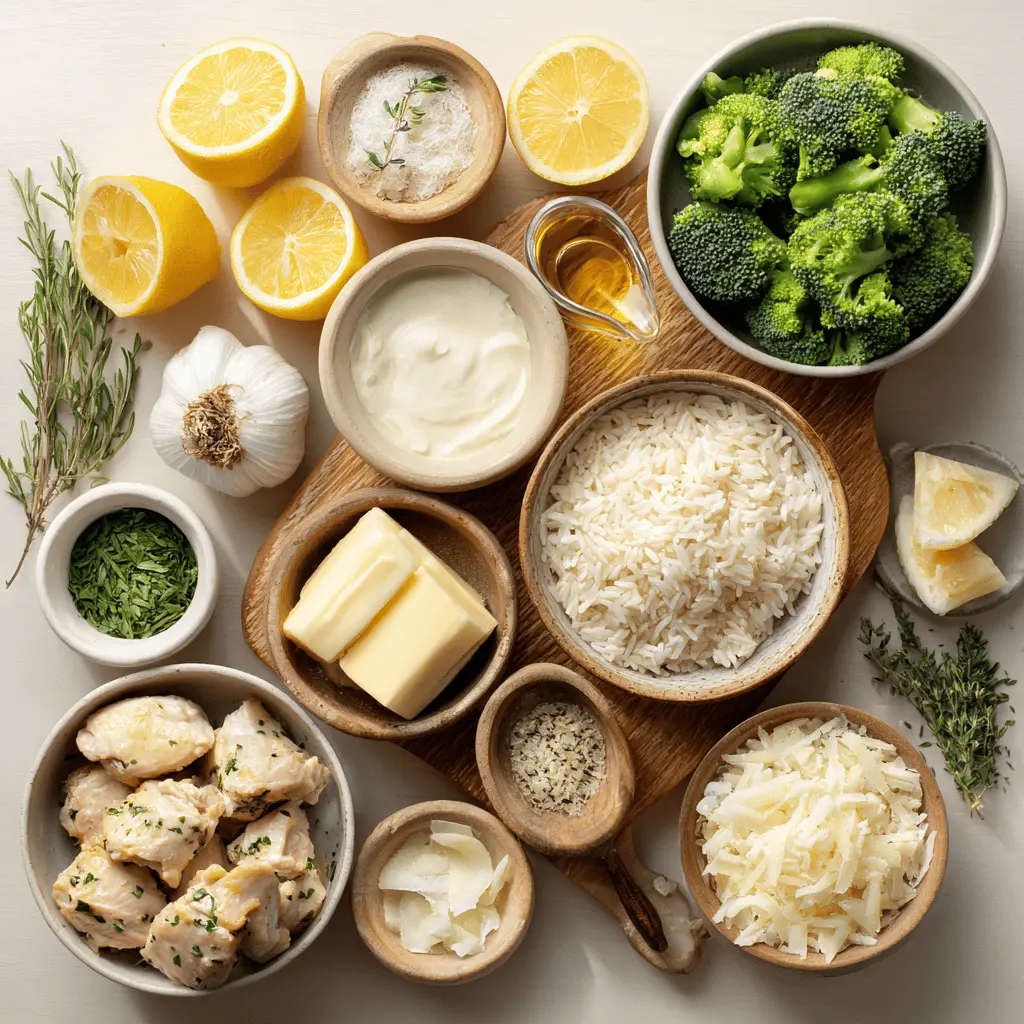 Ingredients laid out for creamy garlic chicken and broccoli skillet including chicken, broccoli, garlic, butter, and soup