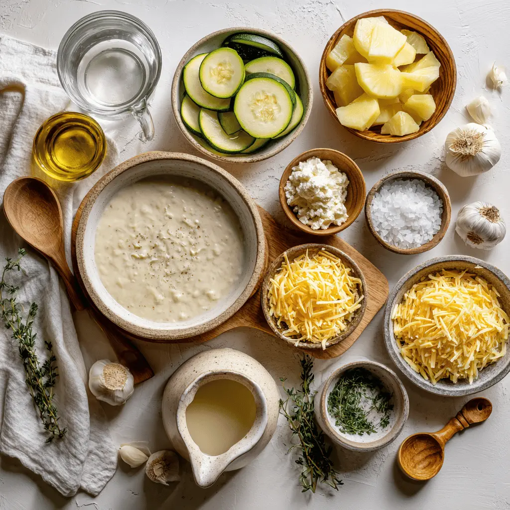Fresh ingredients for creamy potato and zucchini soup including zucchini, potatoes, onions, and herbs on a wooden board