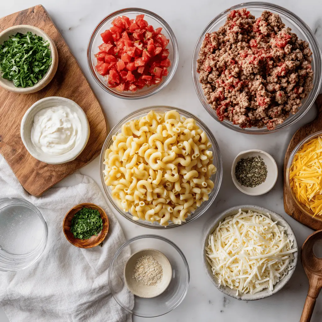 Ingredients for Creamy Rotel Pasta with Ground Beef including cheddar cheese, elbow macaroni, ground beef, Rotel, and seasonings