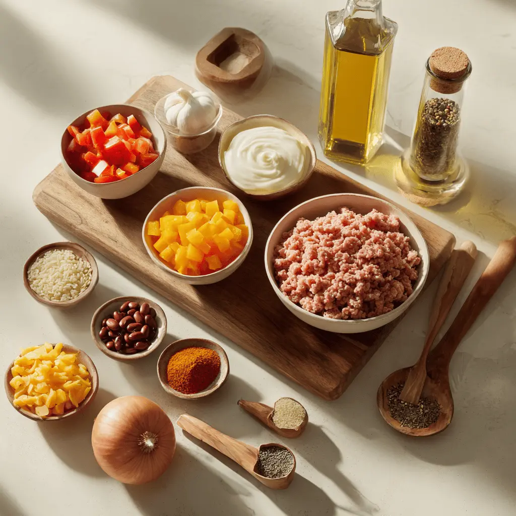 Overhead view of ingredients for Creamy Turkey Pumpkin Chili, including ground turkey, canned pumpkin, spices, and beans