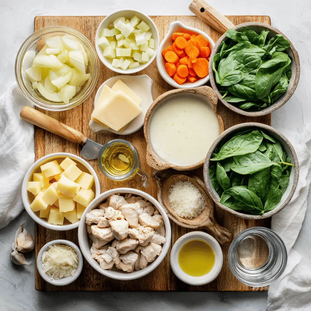 Ingredients for Creamy Tuscan Parmesan Cream Soup including sun-dried tomatoes, fresh herbs, Parmesan, broth, and greens