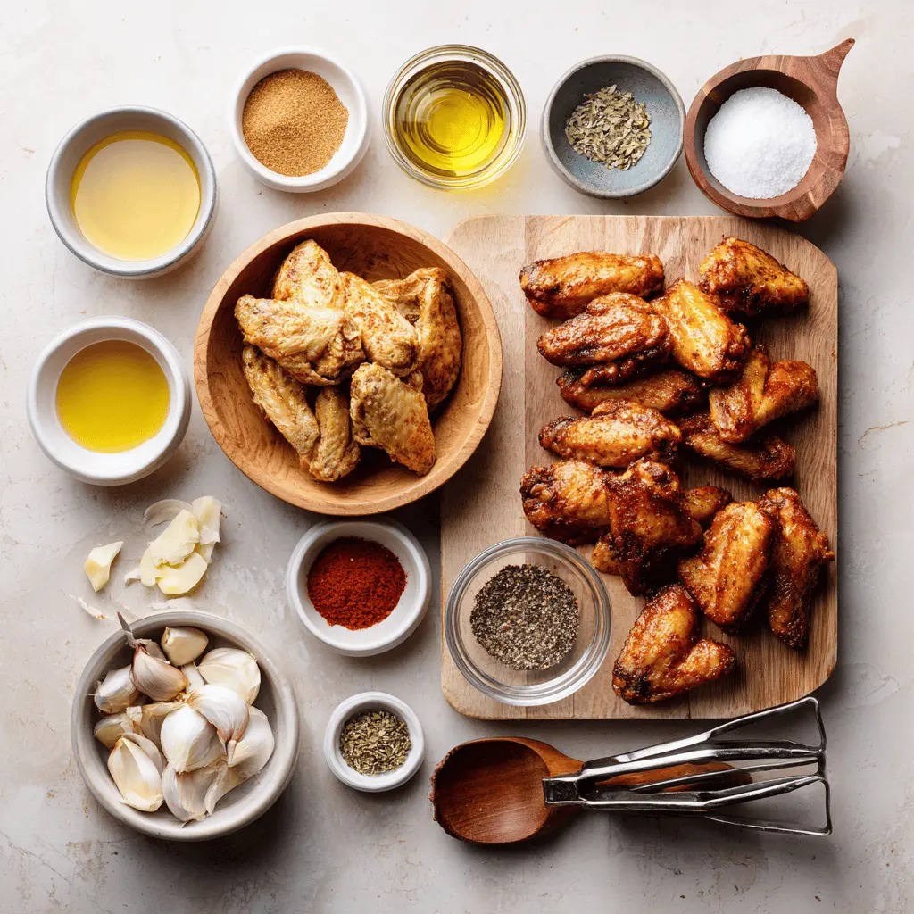 Flat lay of ingredients for Crispy Air Fryer Chicken Wings including spices and raw wings on white surface